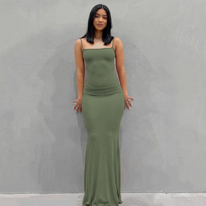 Women Sleeveless Backless Sexy Green Long  Dress Summer 2022 Ladies Elegant Spaghetti Straps Casual Sheach Bodycon Maxi Dresses - Lybra Intimates